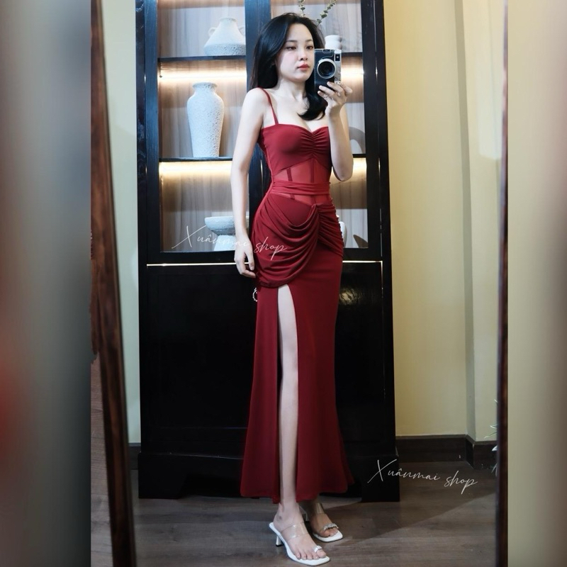 [Eo Lưới] Đầm 2 dây eo phối lưới xẻ tà đệm mút nhúm bụng đen đỏ Xuân Mai Shop