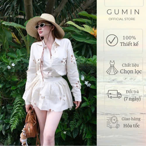 Set bộ áo váy thô GUMIN thiết kế áo cổ đức tay bồng họa tiết cắt hoa kèm chân váy xoè ngắn cạp cao có lớp trong sang trọ