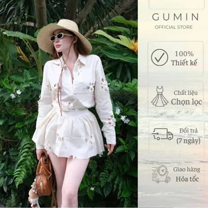 Set bộ áo váy thô GUMIN thiết kế áo cổ đức tay bồng họa tiết cắt hoa kèm chân váy xoè ngắn cạp cao có lớp trong sang trọ