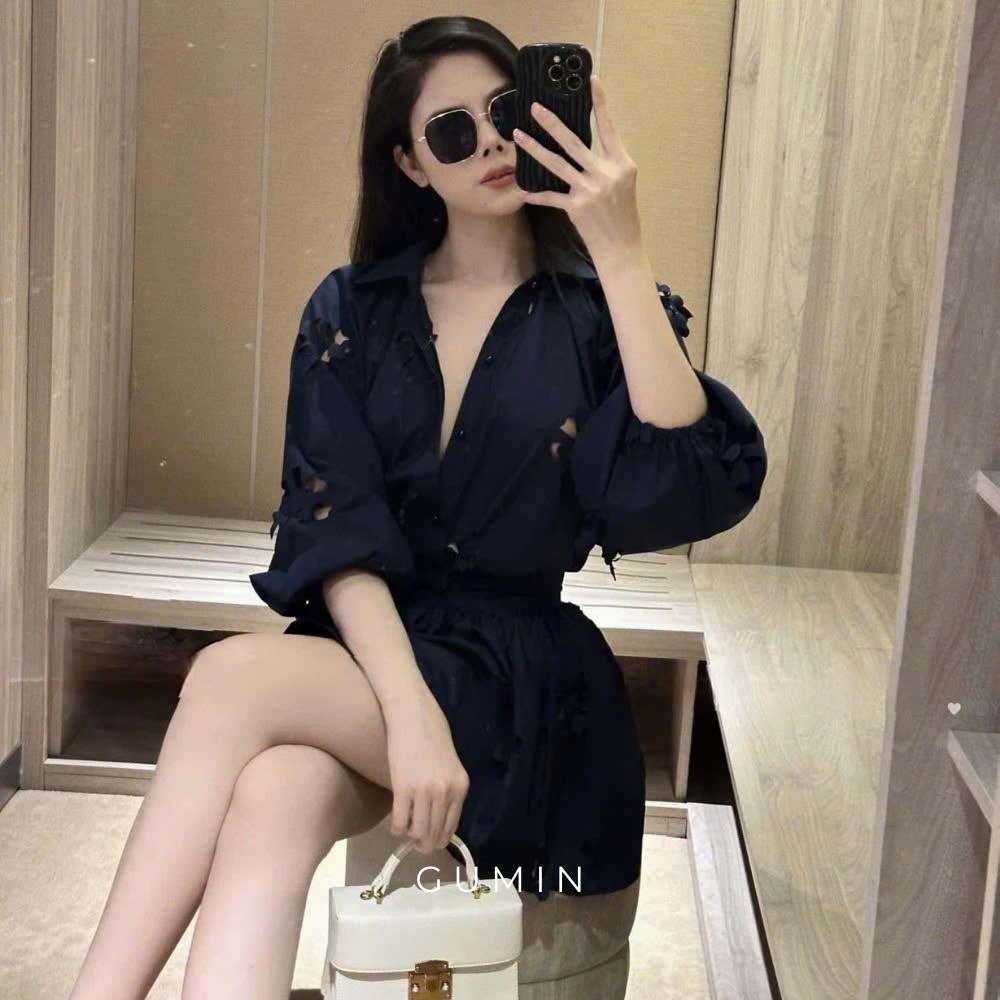 Set bộ áo váy thô GUMIN thiết kế áo cổ đức tay bồng họa tiết cắt hoa kèm chân váy xoè ngắn cạp cao có lớp trong sang trọ