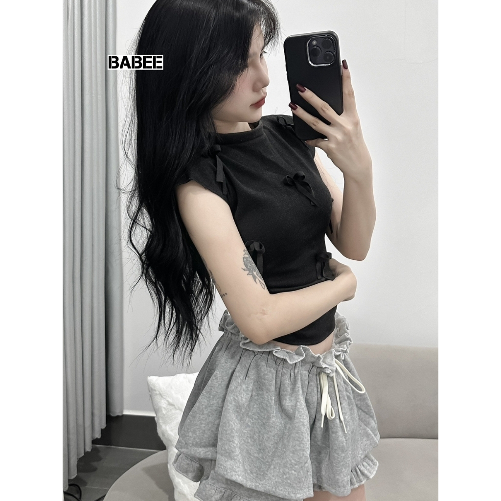 Áo Thun Nữ BABEE Cổ Tròn Ôm Tay Ngắn Vạt Bầu Chiết Eo Gắn Nơ Dễ Thương Xinh Xắn Phong Cách Hàn Quốc
