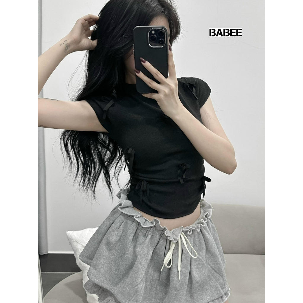 Áo Thun Nữ BABEE Cổ Tròn Ôm Tay Ngắn Vạt Bầu Chiết Eo Gắn Nơ Dễ Thương Xinh Xắn Phong Cách Hàn Quốc
