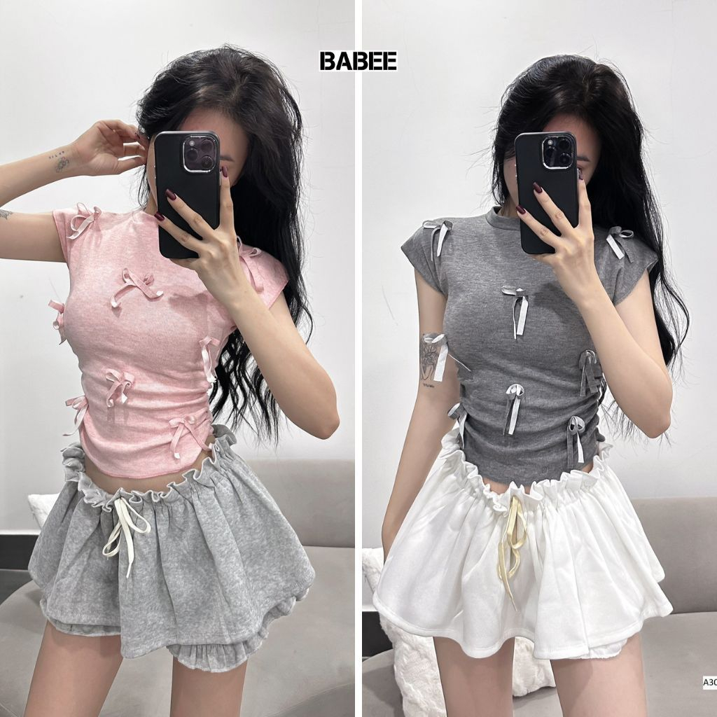 Áo Thun Nữ BABEE Cổ Tròn Ôm Tay Ngắn Vạt Bầu Chiết Eo Gắn Nơ Dễ Thương Xinh Xắn Phong Cách Hàn Quốc