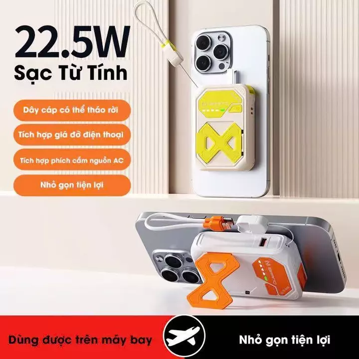 Sạc Dự Phòng Không Dây, Sạc Dự Phòng 10.000mah Kiêm Củ Sạc, Công Suất 22,5W