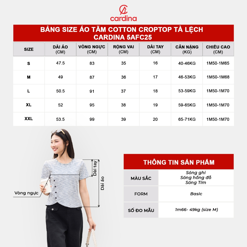Ảnh Áo thun nữ CARDINA chất tăm cotton kiểu dáng croptop tà lệch 5AFC25 2