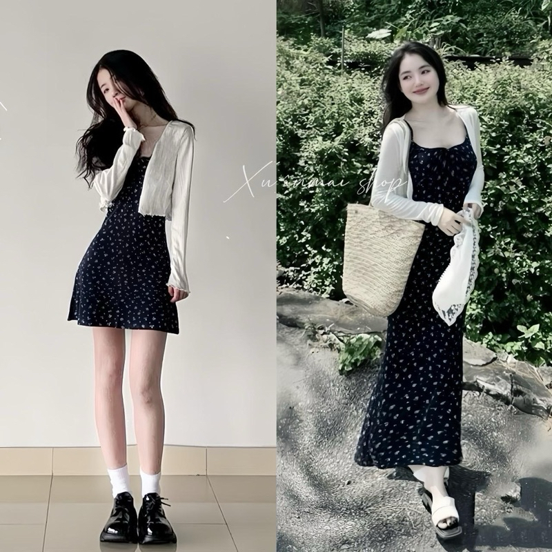 Xuanmaishop Đầm HOA NHÍ dáng a kèm khoác ngoài hoạ tiết hoa nhí xinh xắn Xuân Mai Shop dáng a ngắn và dài đệm mút