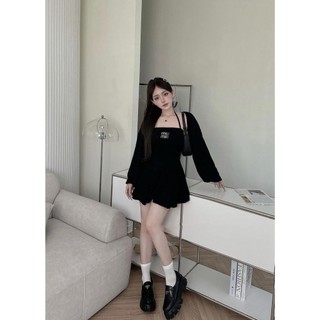Set Bộ Đồ Nữ 3 Món Miumiu Áo Yếm Vạt Chéo Kèm Áo Khoác Dài Tay Mix Chân Váy Xòe Freesize