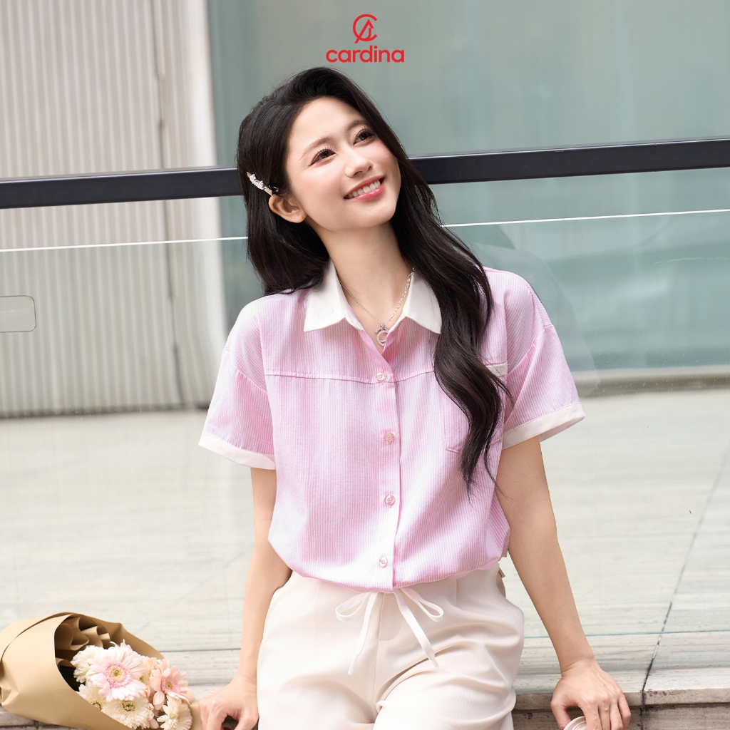 Ảnh Áo sơ mi nữ CARDINA chất thô dáng croptop có đường rút gấu trẻ trung năng động 5ASC10 3
