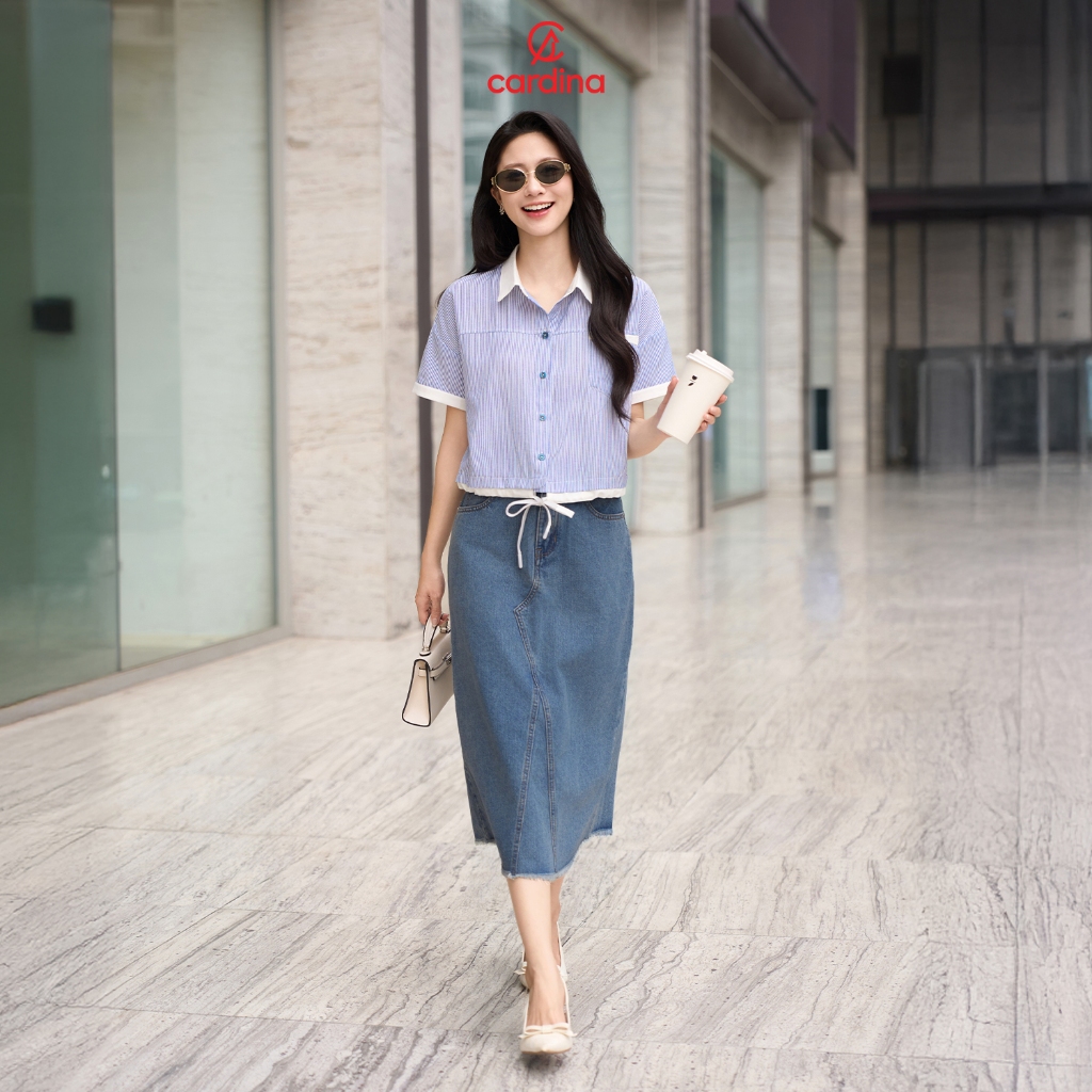 Ảnh Áo sơ mi nữ CARDINA chất thô dáng croptop có đường rút gấu trẻ trung năng động 5ASC10 4