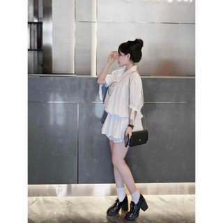 Set Bộ Đồ Nữ Thun Giấy Sơ Mi Trắng Chun Eo Đuôi Xòe Cộc Tay Đính Nơ Mix Quần Sooc Đùi Freesize