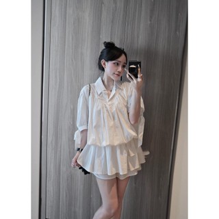 Set Bộ Đồ Nữ Thun Giấy Sơ Mi Trắng Chun Eo Đuôi Xòe Cộc Tay Đính Nơ Mix Quần Sooc Đùi Freesize