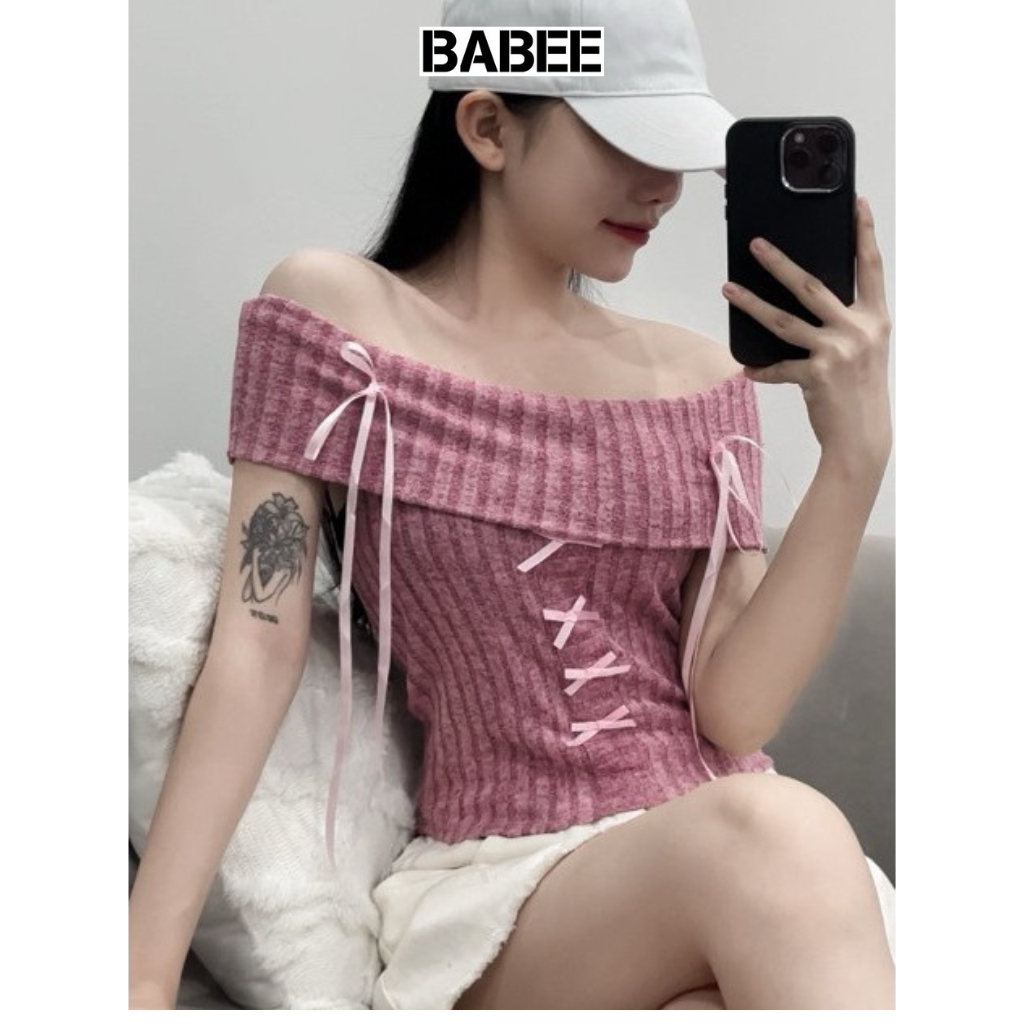 Áo Trễ Vai Nữ BABEE Tay Ngắn Chất Len Mềm Mại Thiết Kế Dây Đan Dễ Thương Phù Hợp Đi Làm Đi Chơi