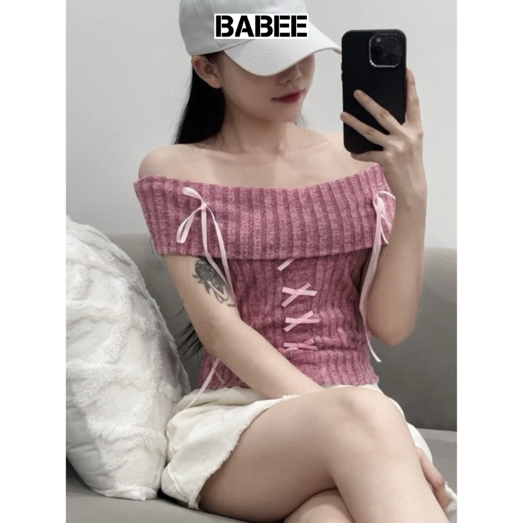 Áo Trễ Vai Nữ BABEE Tay Ngắn Chất Len Mềm Mại Thiết Kế Dây Đan Dễ Thương Phù Hợp Đi Làm Đi Chơi