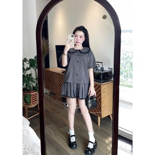 Set Bộ Đồ Nữ Kẻ Họa Tiết Nơ Nhí Đen Phối Cổ Sen Viền Ren Mix Chân Váy Xếp Ly Chun Sau Freesize