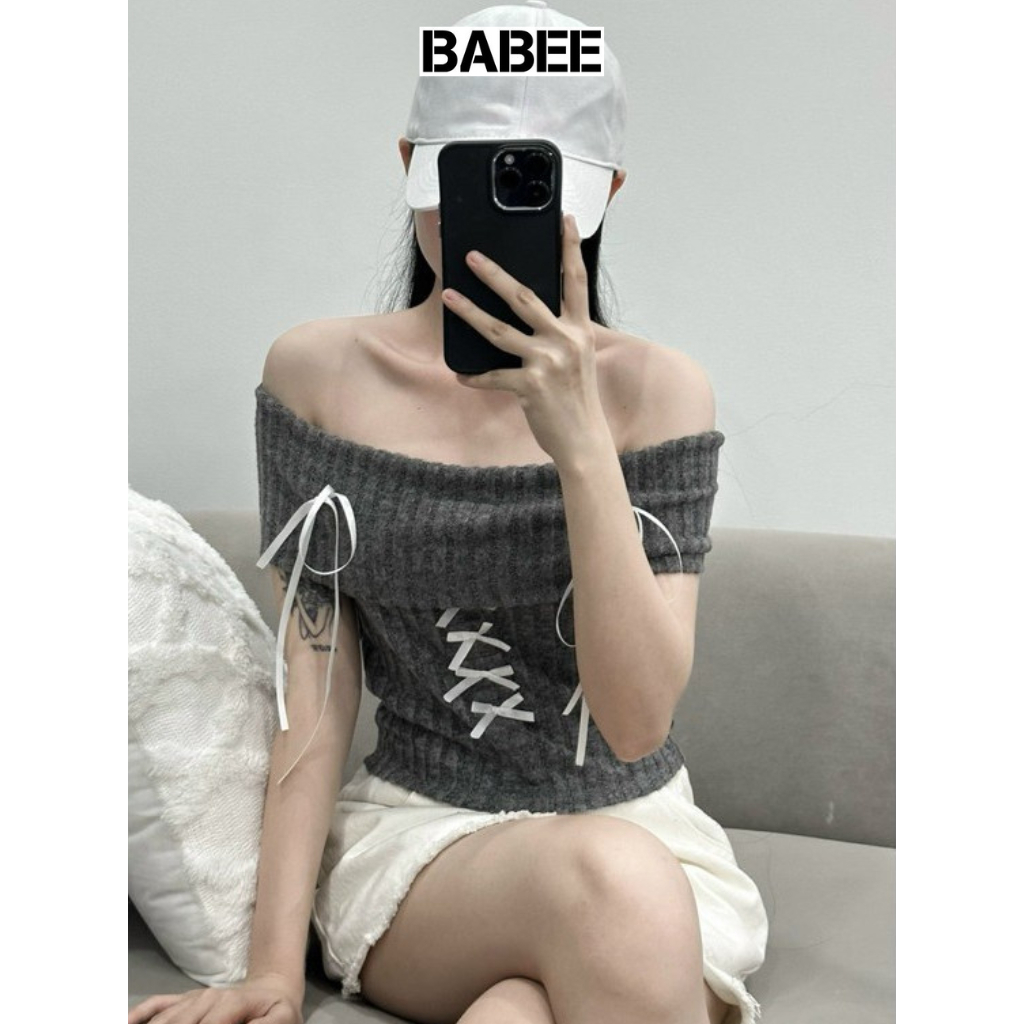 Áo Trễ Vai Nữ BABEE Tay Ngắn Chất Len Mềm Mại Thiết Kế Dây Đan Dễ Thương Phù Hợp Đi Làm Đi Chơi