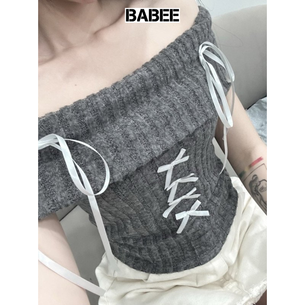 Áo Trễ Vai Nữ BABEE Tay Ngắn Chất Len Mềm Mại Thiết Kế Dây Đan Dễ Thương Phù Hợp Đi Làm Đi Chơi