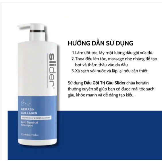 Dầu gội chống gàu chống nhờn SLIDER Keratin và Collagen mềm mượt tóc và ngăn ngừa gàu, sạch bả nhờn 800ml [ Madein ý ]