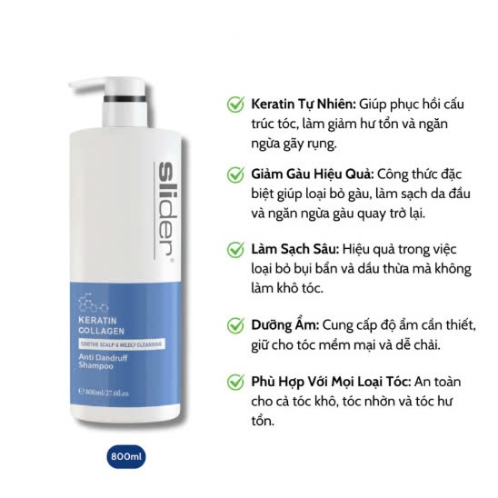 Dầu gội chống gàu chống nhờn SLIDER Keratin và Collagen mềm mượt tóc và ngăn ngừa gàu, sạch bả nhờn 800ml [ Madein ý ]