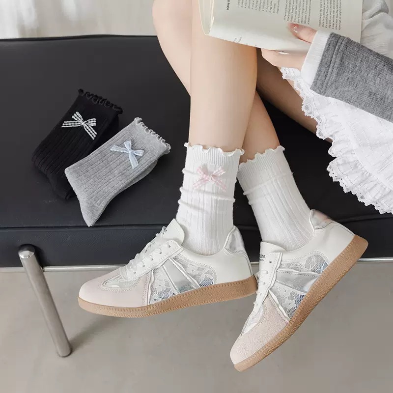 Vớ Tất nữ thêu nổi hình Nơ 3 màu cổ nhún siêu dễ thương, xinh xắn