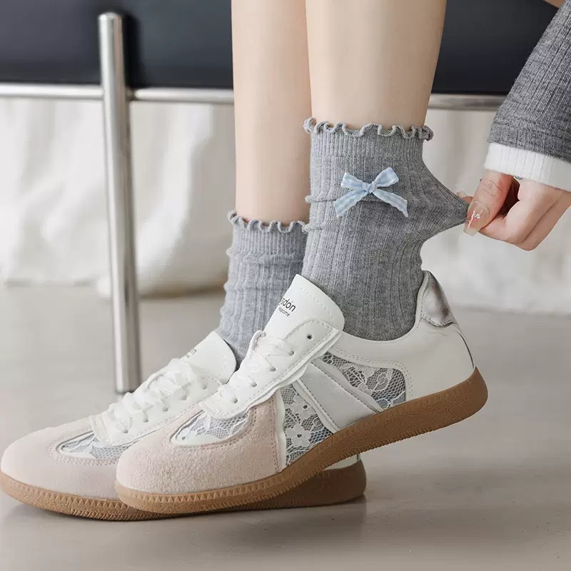 Vớ Tất nữ thêu nổi hình Nơ 3 màu cổ nhún siêu dễ thương, xinh xắn
