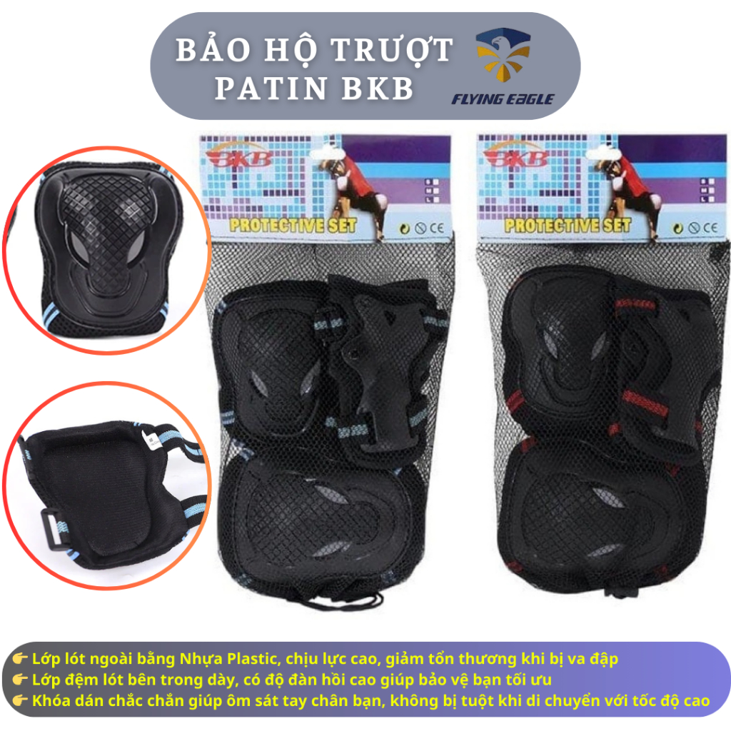 Combo Phụ Kiện Bảo Hộ Trượt Patin BKB Chính Hãng FLYING EAGLE - Bảo vệ Bàn Tay, Khủy Tay và Đầu Gối