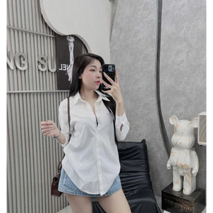 Áo sơ mi trắng dài tay thêu cá sấu nữ dáng suông basic thời trang công sở chất vải đẹp kèm ảnh thật 2025
