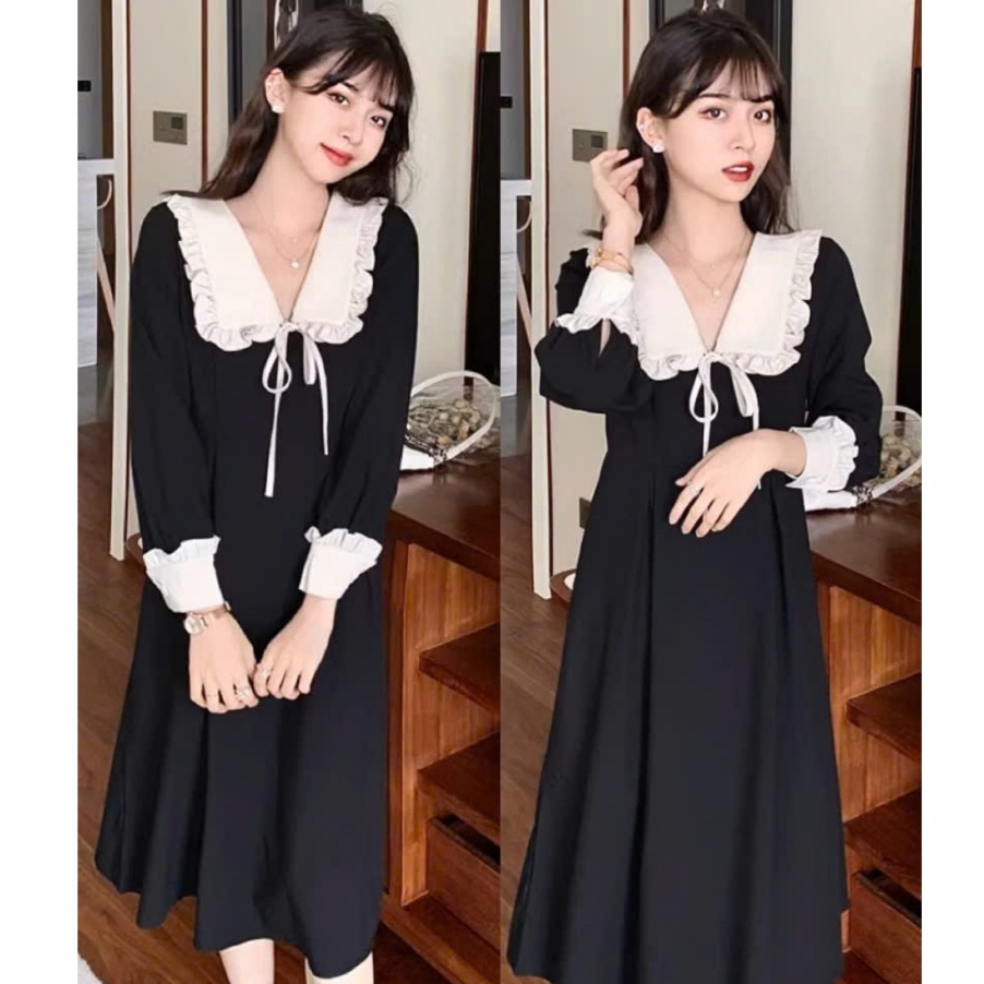 Váy tiểu thư dáng dài cổ sen bèo dây thắt nơ dài tay dáng xòe vintage nữ tính Đầm nữ sang trọng T607G