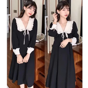Váy tiểu thư dáng dài cổ sen bèo dây thắt nơ dài tay dáng xòe vintage nữ tính Đầm nữ sang trọng T607G