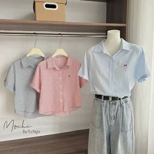 Áo sơ mi nữ kẻ sọc cộc tay thêu nơ, fom rộng siêu đẹp