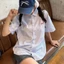 Áo sơ mi nữ kẻ sọc cộc tay thêu nơ, fom rộng siêu đẹp