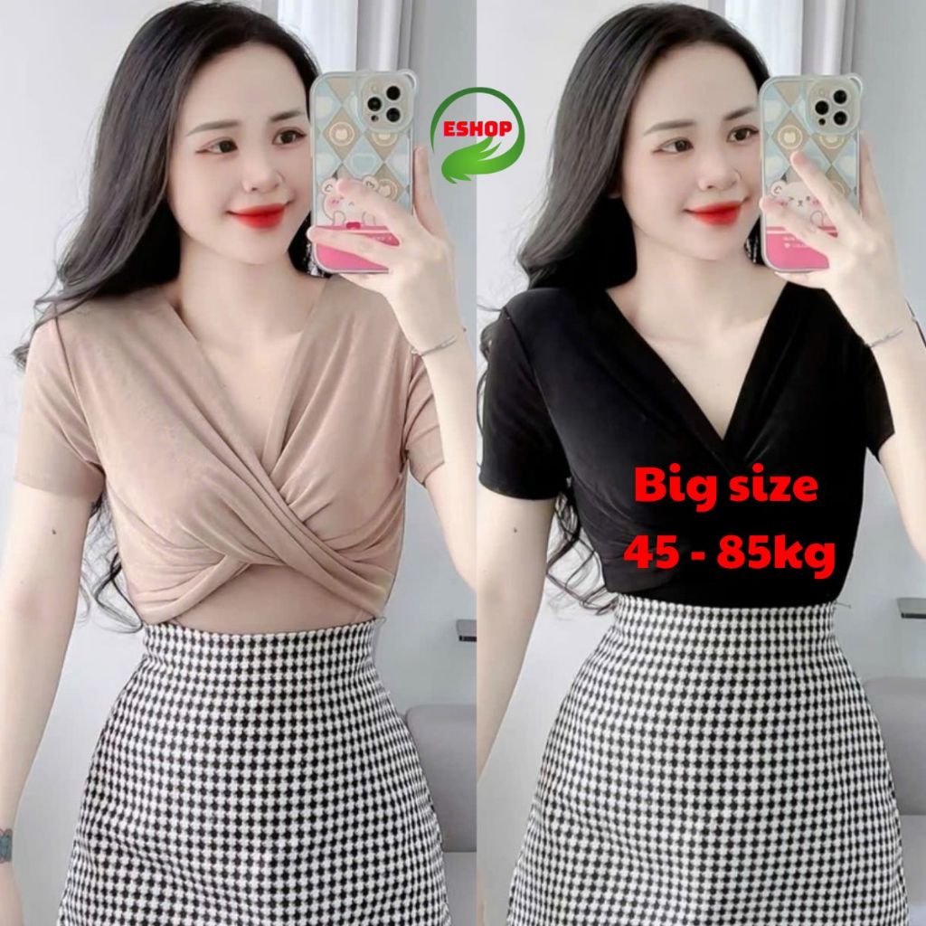 Áo thun nữ tay ngắn xoắn ngực vải mỏng ôm body đẹp bigsize ESHOP áo nhũ kim tuyến dễ thương MS026