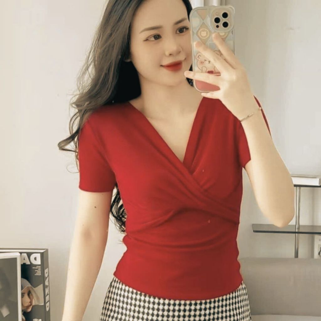 Áo thun nữ tay ngắn xoắn ngực vải mỏng ôm body đẹp bigsize ESHOP áo nhũ kim tuyến dễ thương MS026