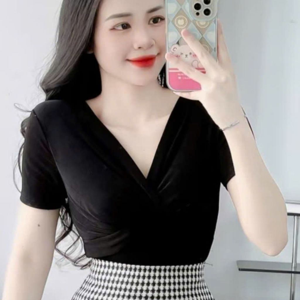 Áo thun nữ tay ngắn xoắn ngực vải mỏng ôm body đẹp bigsize ESHOP áo nhũ kim tuyến dễ thương MS026