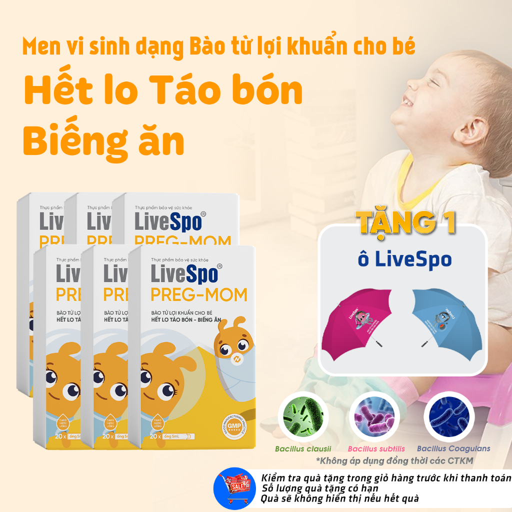 Ảnh Combo 6 hộp Men vi sinh chứa Bào tử lợi khuẩn LiveSpo Pregmom cho bé Táo bón, Biếng ăn (20 ống) 1