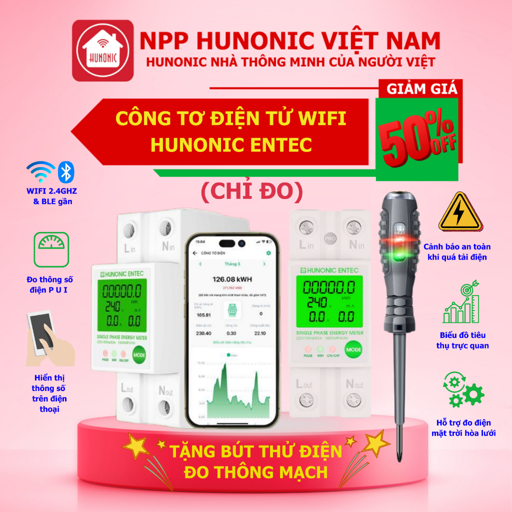Công Tơ Điện Tử Wifi HUNONIC ENTEC 63A Đo Điện Năng Tiêu Thụ, Dòng Dò ...