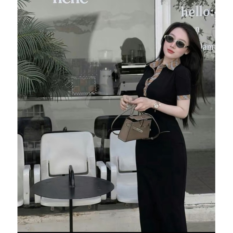 Đầm body cổ bẻ phối caro dáng dài Mặc lên là xinh mã hot trend 2025