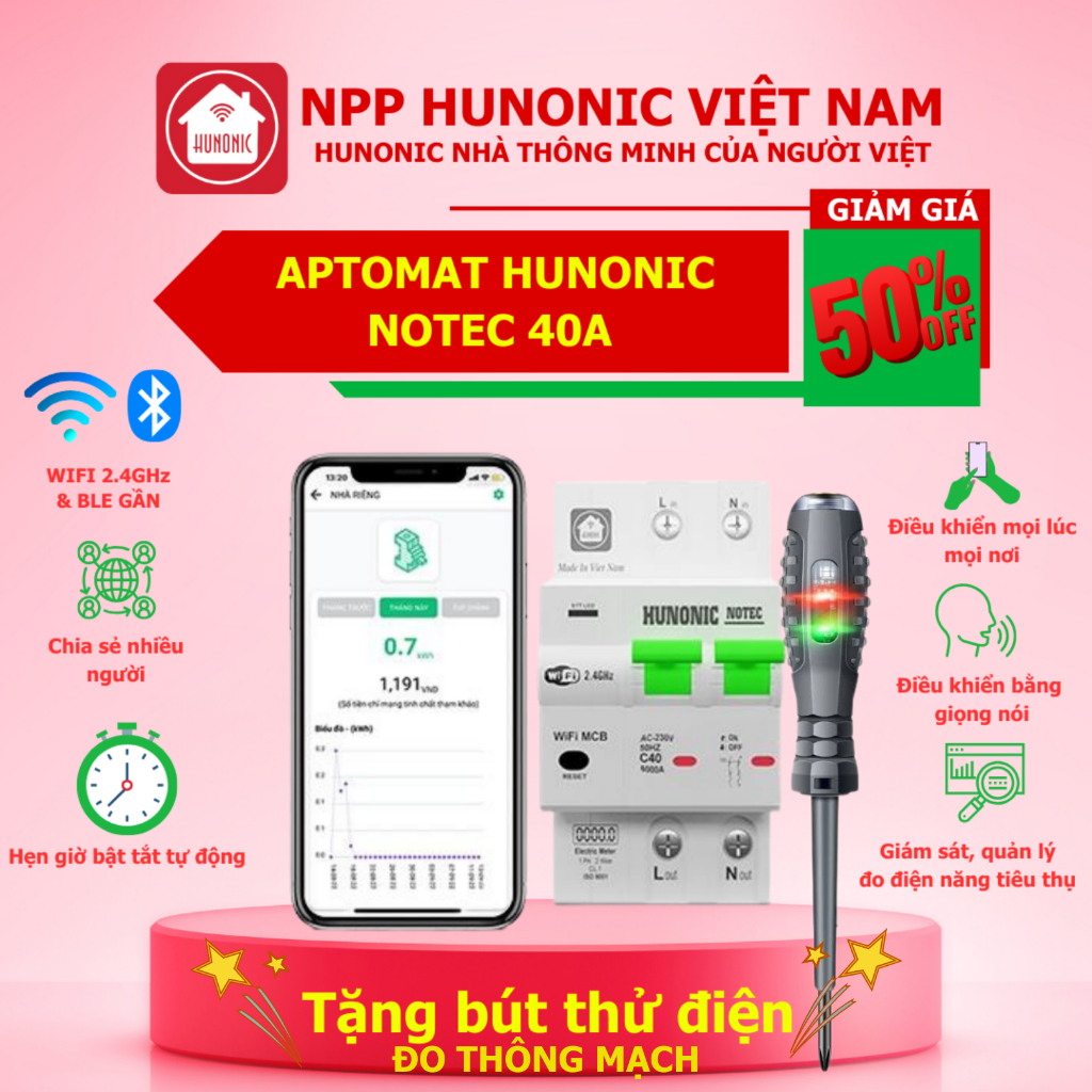 Aptomat Wifi Hunonic Notec 40A - Bật Tắt, Giám Sát Từ Xa trên Điện ...