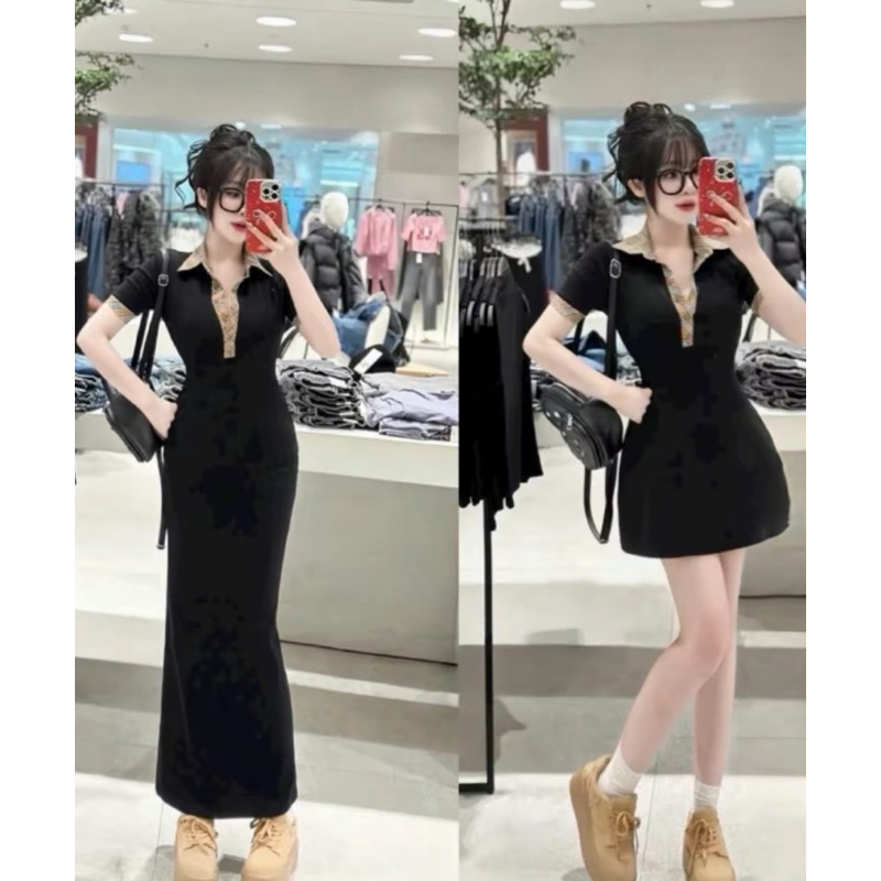 Đầm body cổ bẻ phối caro dáng dài Mặc lên là xinh mã hot trend 2025