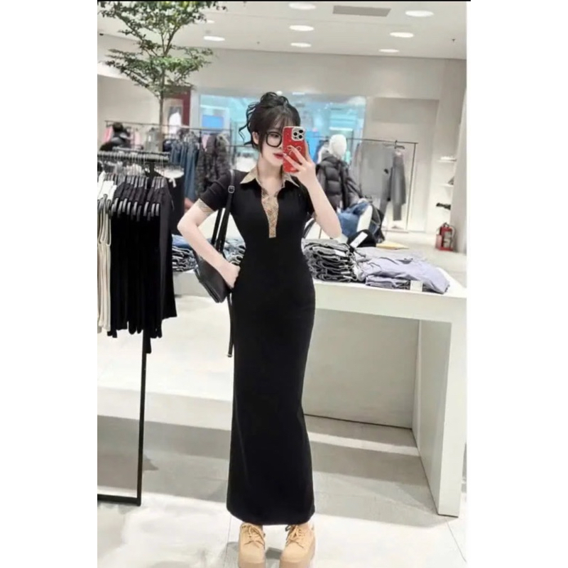 Đầm body cổ bẻ phối caro dáng dài Mặc lên là xinh mã hot trend 2025