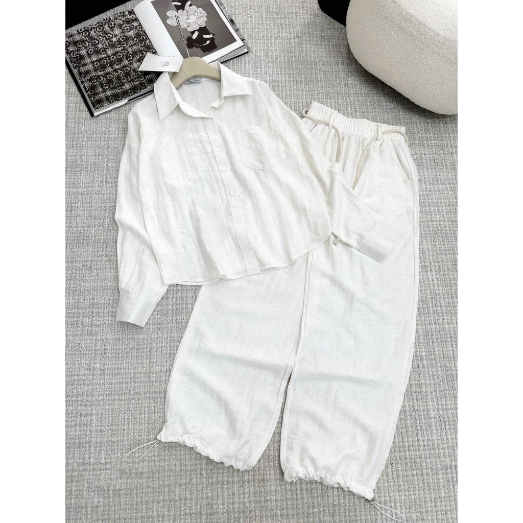 2026. HÈ [SÉT SƠ MI kèm dây lưng] Sét sơ mi chất đũi, Sét áo dài quần dài. Đủ size S M L XL . Đồ bộ nữ