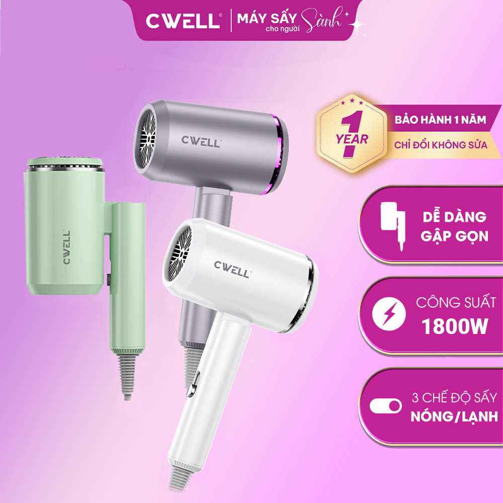 Máy sấy tóc CWell 1800W gập gọn 2 chiều nóng lạnh, 3 chế độ nhiệt, ánh ...