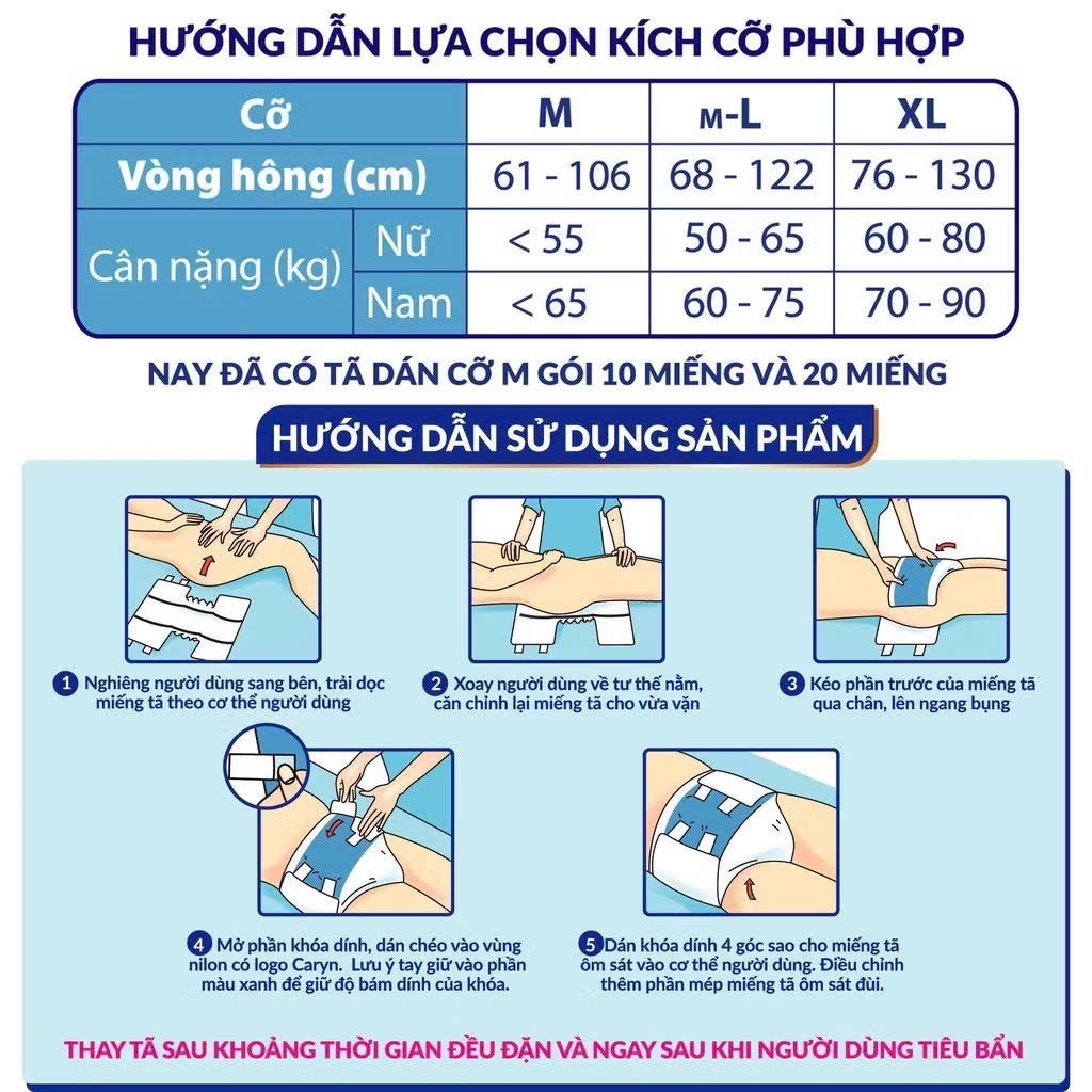 Tã/bỉm Dán Quần Caryn Tiết Kiệm ngày và đêm siêu thấm hút L10/L18 cho người già và mẹ sau sinh