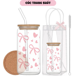 Cốc Thuỷ Tinh Hình Nơ Hồng 500ml, Ly Thuỷ Tinh Cute Chịu Nhiệt Kèm Phụ Kiện, Quà Tặng Sinh Nhật