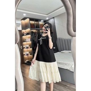 Váy Suông Nữ Tag Miumiu Đá Nơ Nổi Chạy Cườm Đá Cổ Phối Gấu Voan Be Ngắn Tay Đầm Nữ Freesize Form Rộng