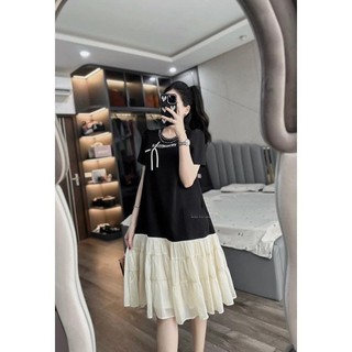 Váy Suông Nữ Tag Miumiu Đá Nơ Nổi Chạy Cườm Đá Cổ Phối Gấu Voan Be Ngắn Tay Đầm Nữ Freesize Form Rộng