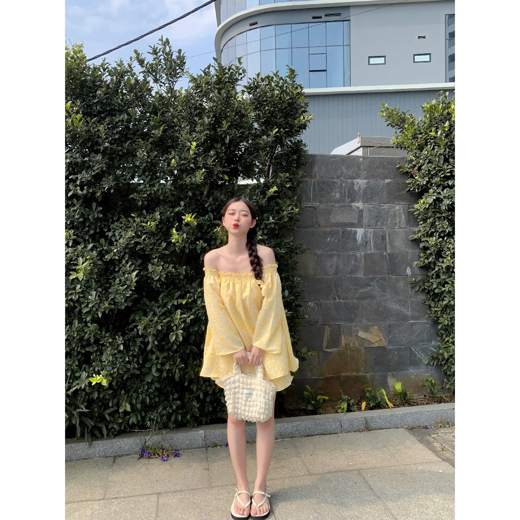 Set áo babydoll trễ vai hoa nhí tay dài
