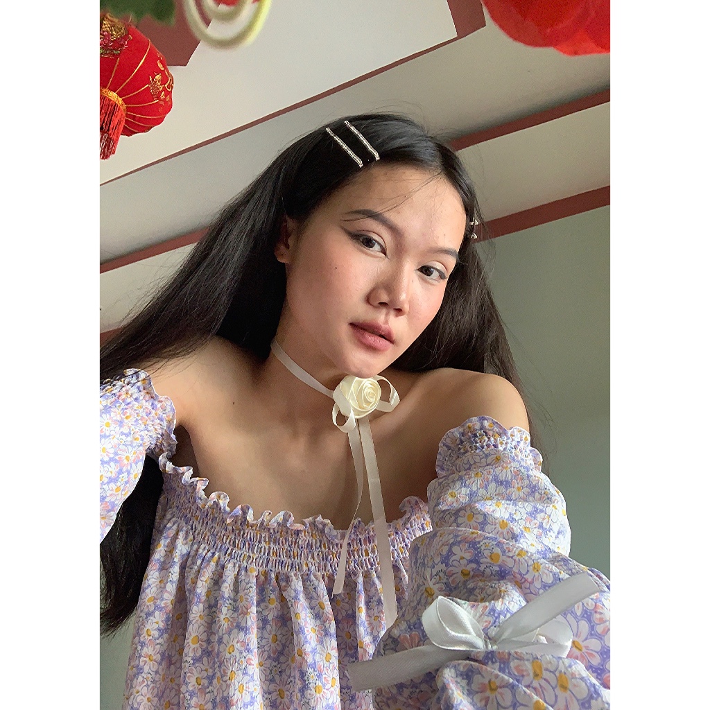 Set áo babydoll trễ vai hoa nhí tay dài
