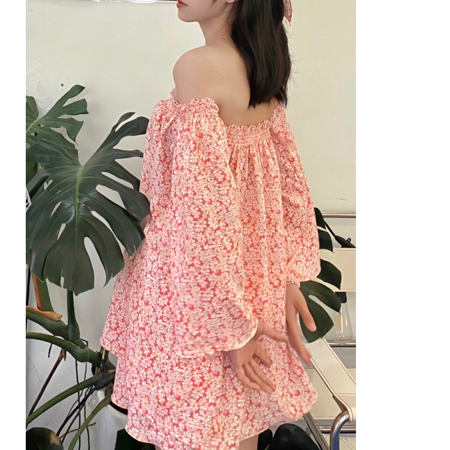 Set áo babydoll trễ vai hoa nhí tay dài