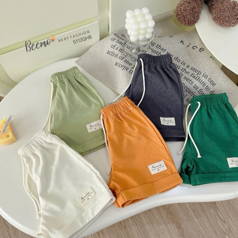 Quần short cotton sắc màu Beemo phối tag,chất liệu thun co giãn thấm hút mồ hôi cho bé 9-24kg