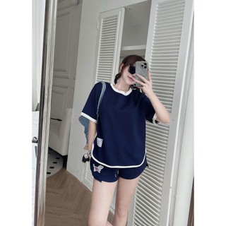Set Bộ Đồ Nữ THOM Áo Phông Sọc Eo Phối Màu Lé Viền Lượn Gấu Mix Quần Sooc Đùi Thêu Logo Cún Freesize